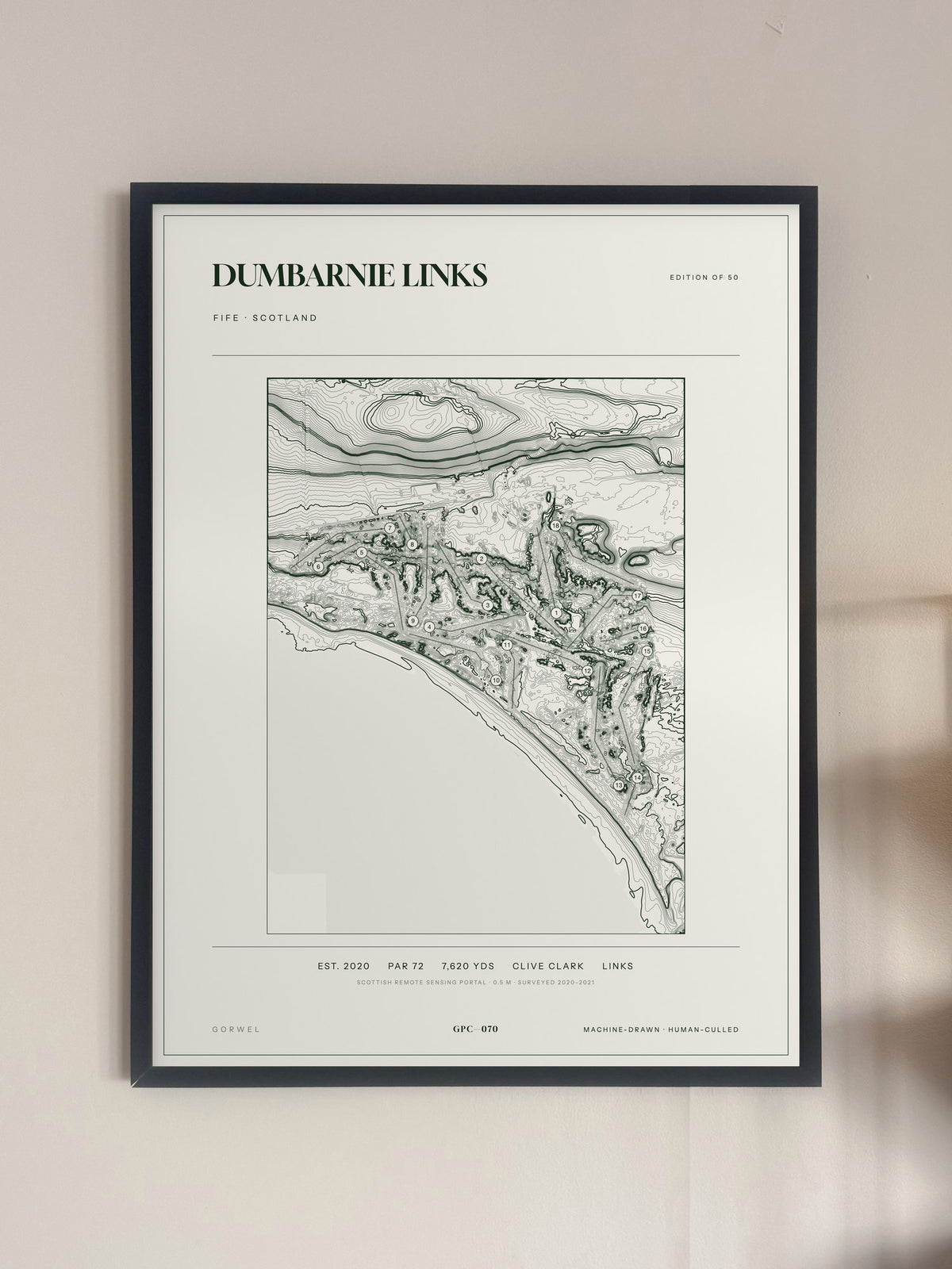 Dumbarnie Links topographic golf course print — framed on a wall — Gorwel Print Co