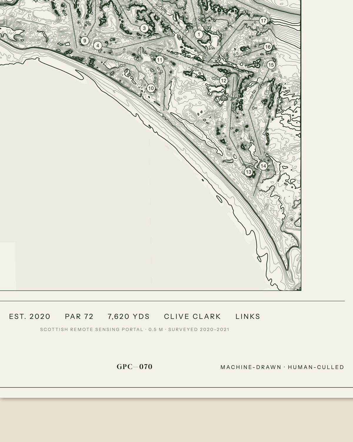 Dumbarnie Links topographic golf course print — data strip and edition mark — Gorwel Print Co