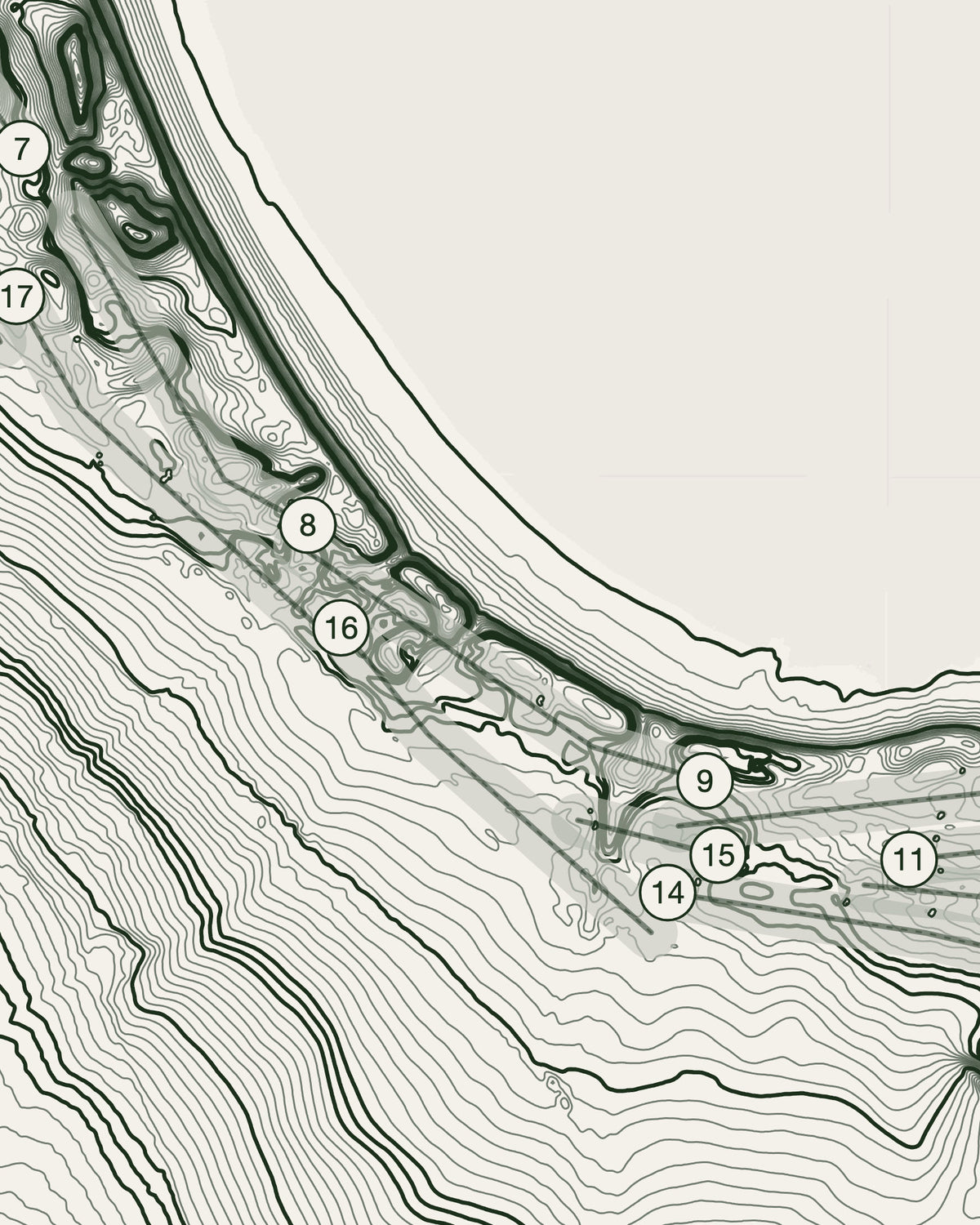 Dunstanburgh Castle topographic golf course print — contour detail — Gorwel Print Co