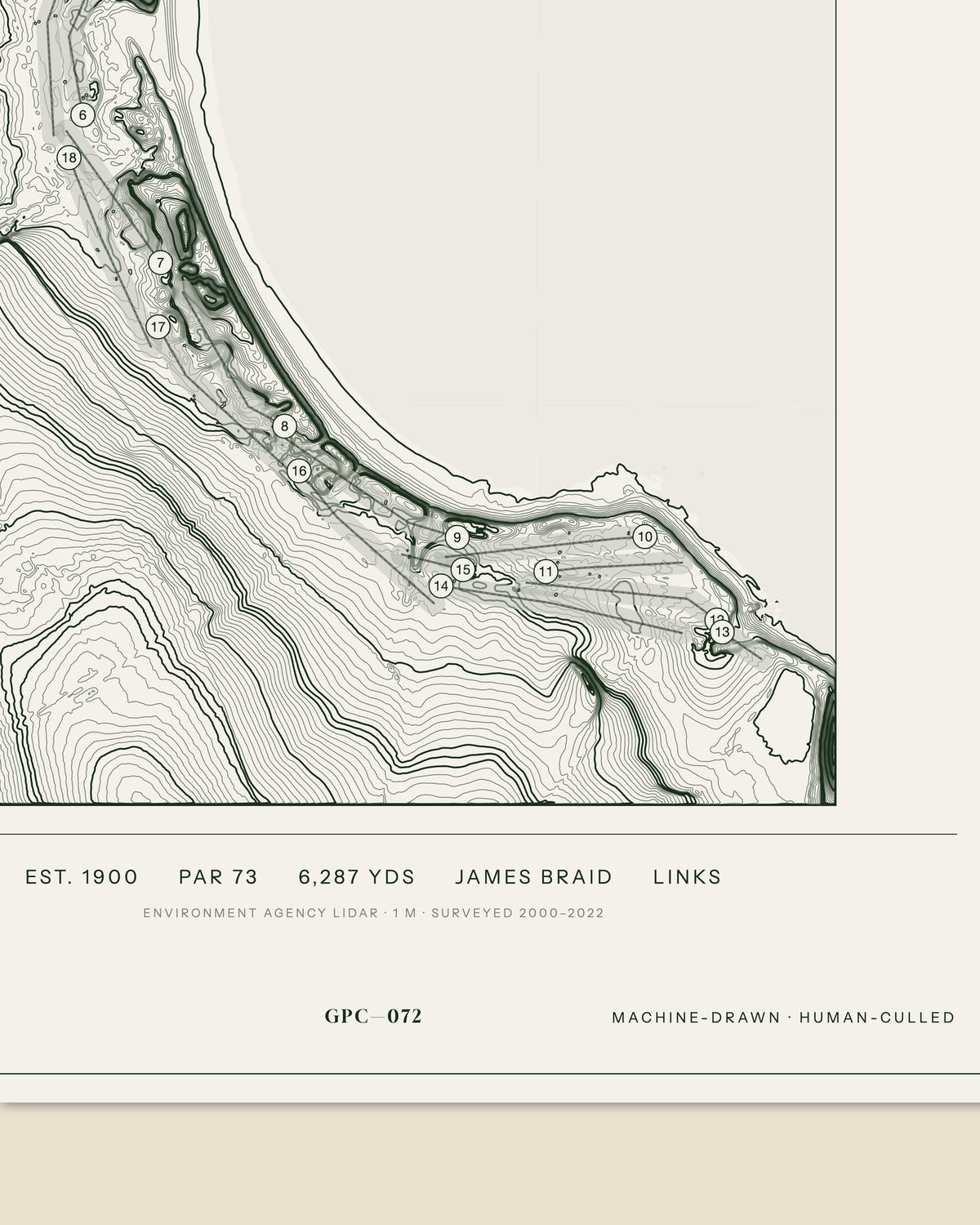 Dunstanburgh Castle topographic golf course print — data strip and edition mark — Gorwel Print Co