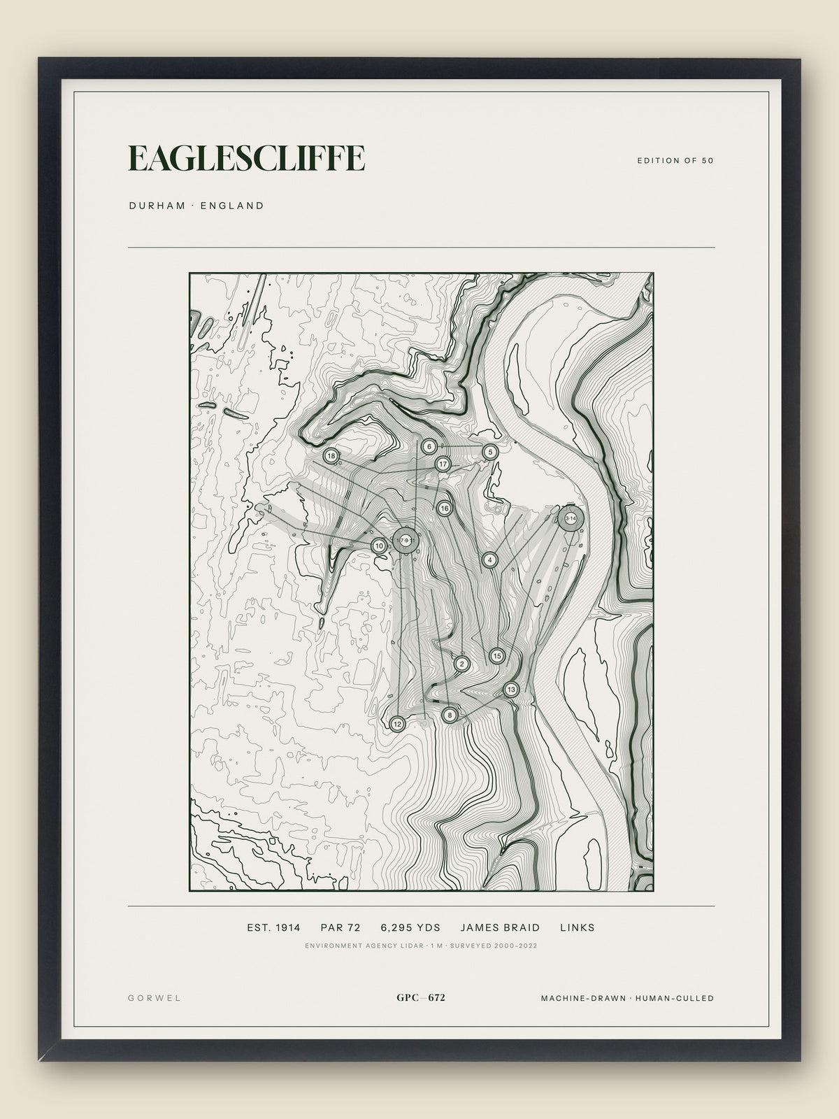 Eaglescliffe, Durham topographic golf course print, framed — Gorwel Print Co
