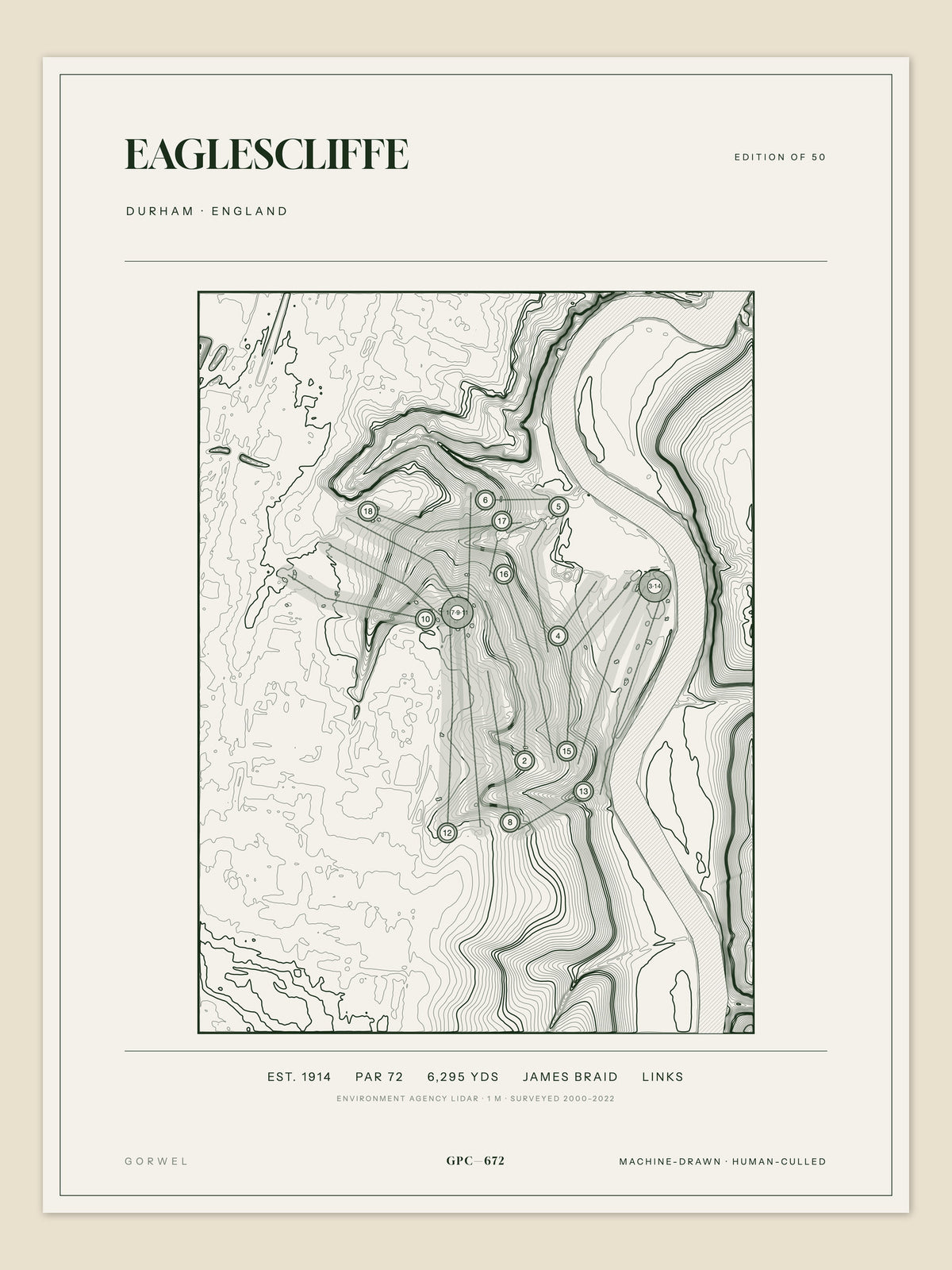 Eaglescliffe, Durham topographic golf course print