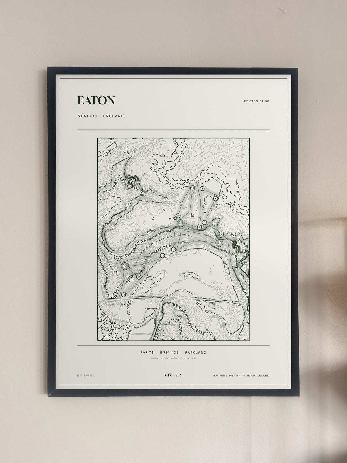 Eaton topographic golf course print — framed on a wall — Gorwel Print Co