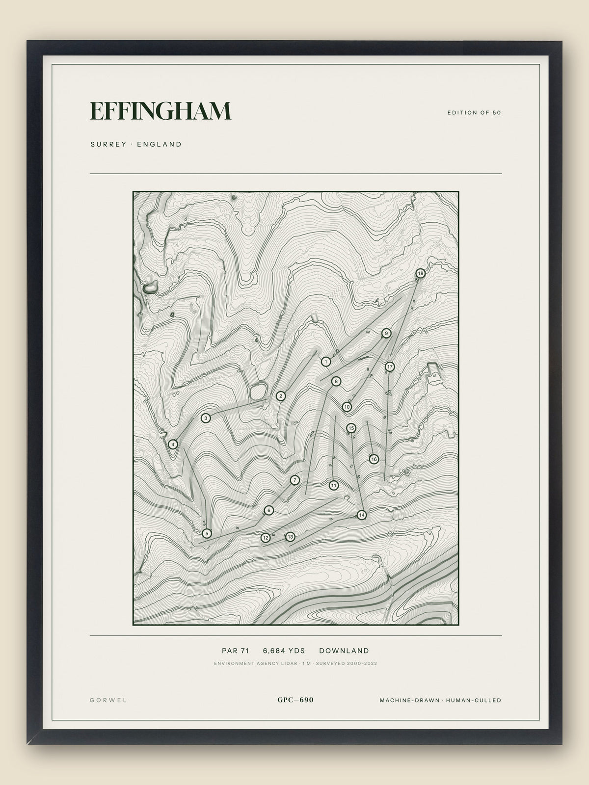 Effingham, Surrey topographic golf course print, framed — Gorwel Print Co