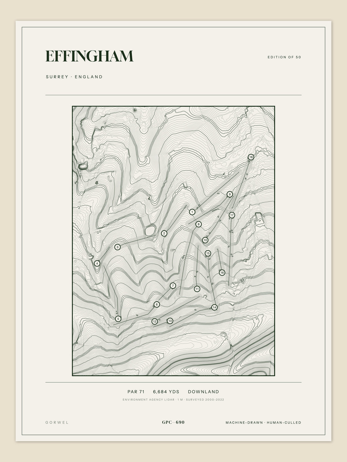 Effingham, Surrey topographic golf course print