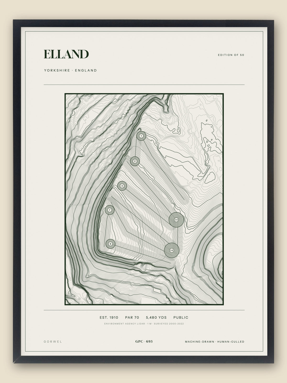 Elland, Yorkshire topographic golf course print, framed — Gorwel Print Co