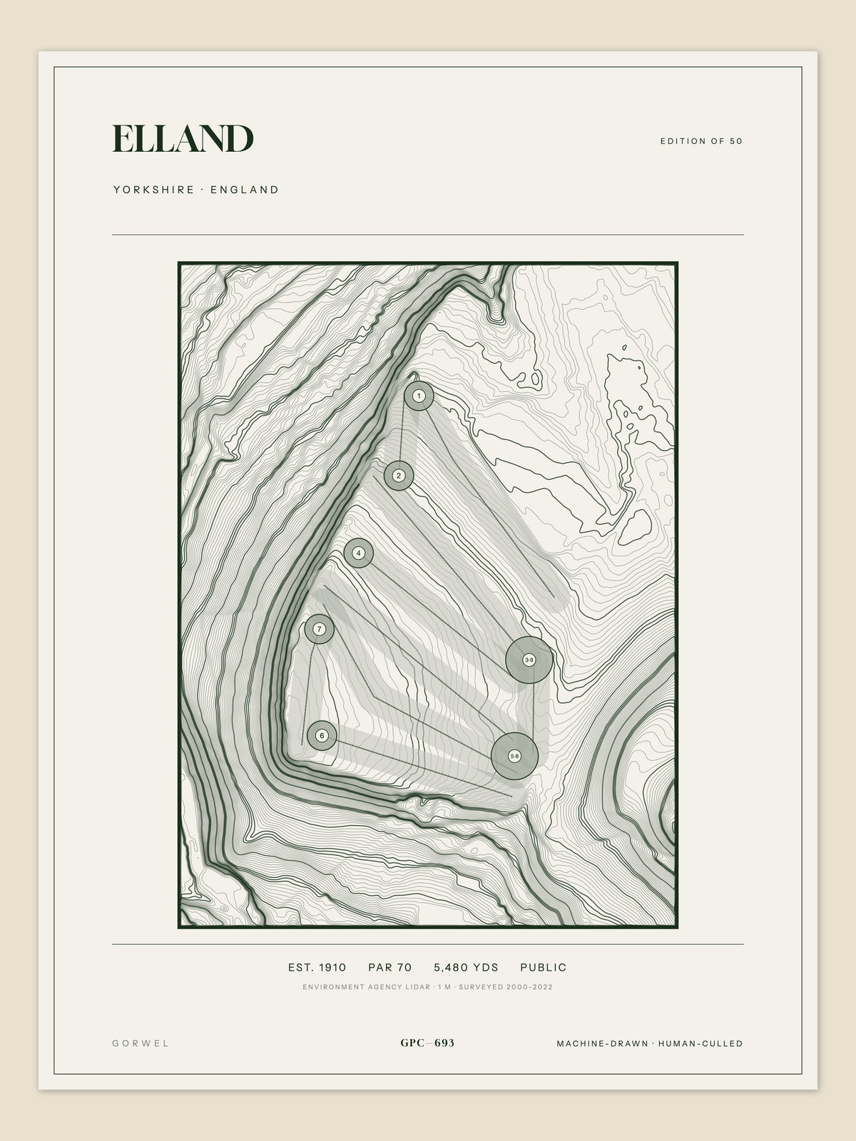 Elland, Yorkshire topographic golf course print