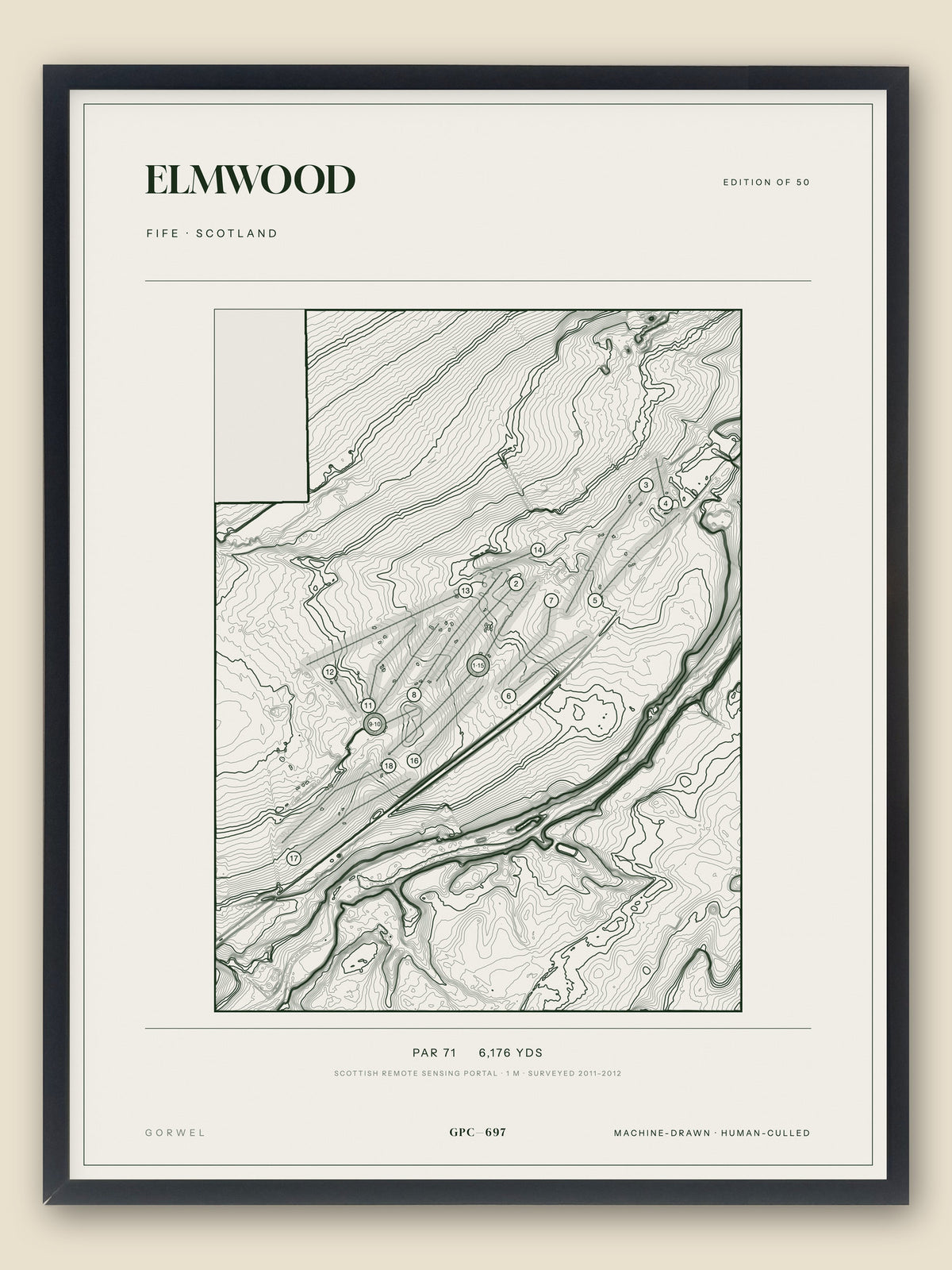 Elmwood, Fife topographic golf course print, framed — Gorwel Print Co