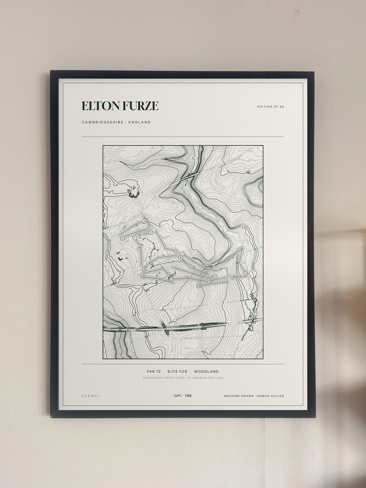 Elton Furze topographic golf course print — framed on a wall — Gorwel Print Co