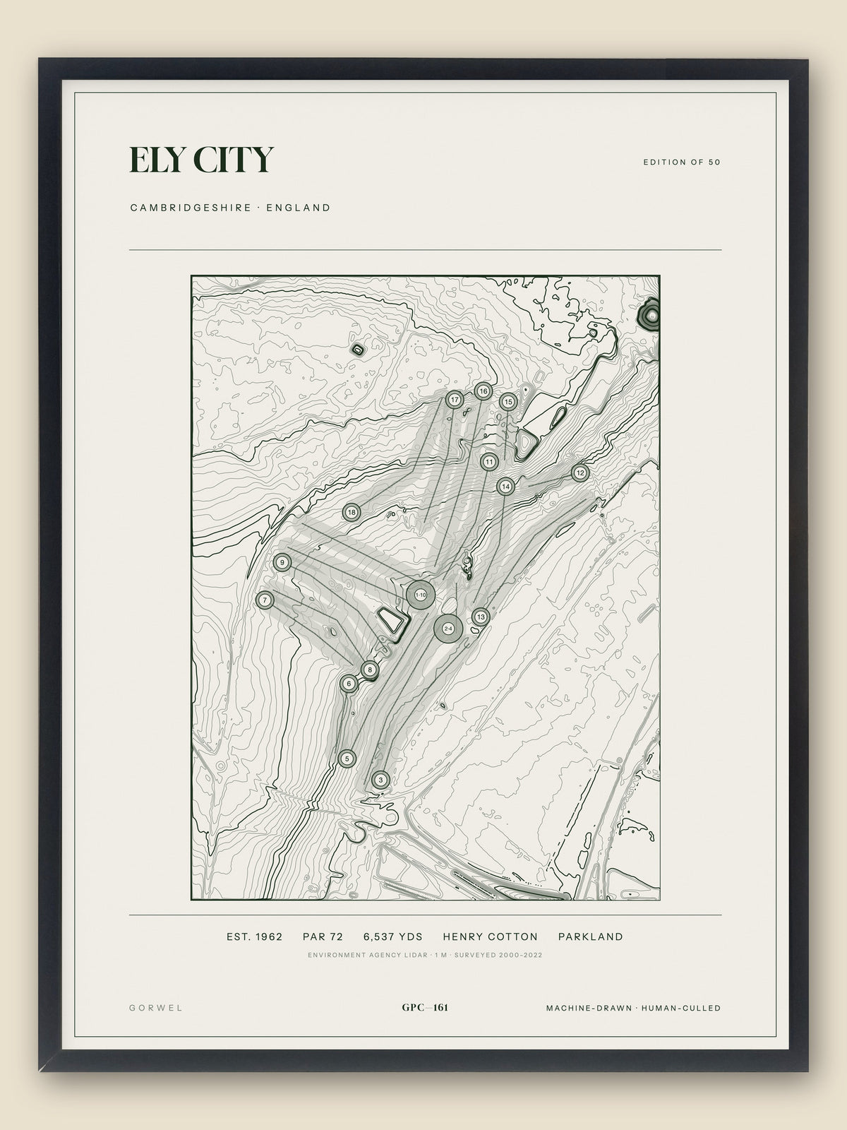 Ely City, Cambridgeshire topographic golf course print, framed — Gorwel Print Co