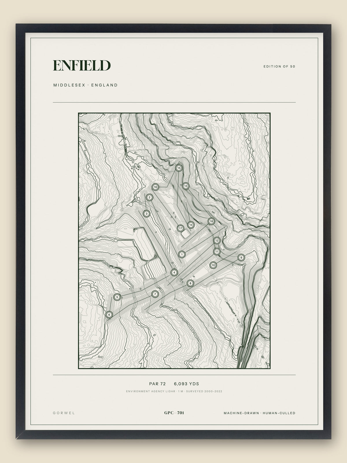 Enfield, Middlesex topographic golf course print, framed — Gorwel Print Co