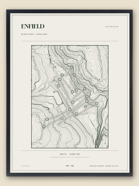 Enfield, Middlesex topographic golf course print, framed — Gorwel Print Co