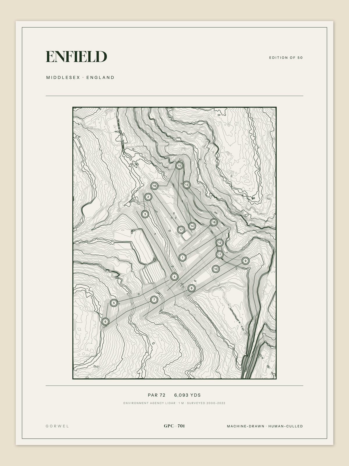 Enfield, Middlesex topographic golf course print