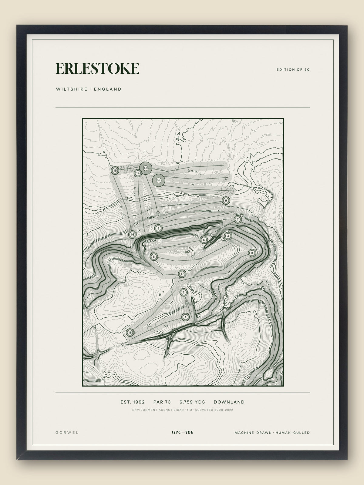 Erlestoke, Wiltshire topographic golf course print, framed — Gorwel Print Co