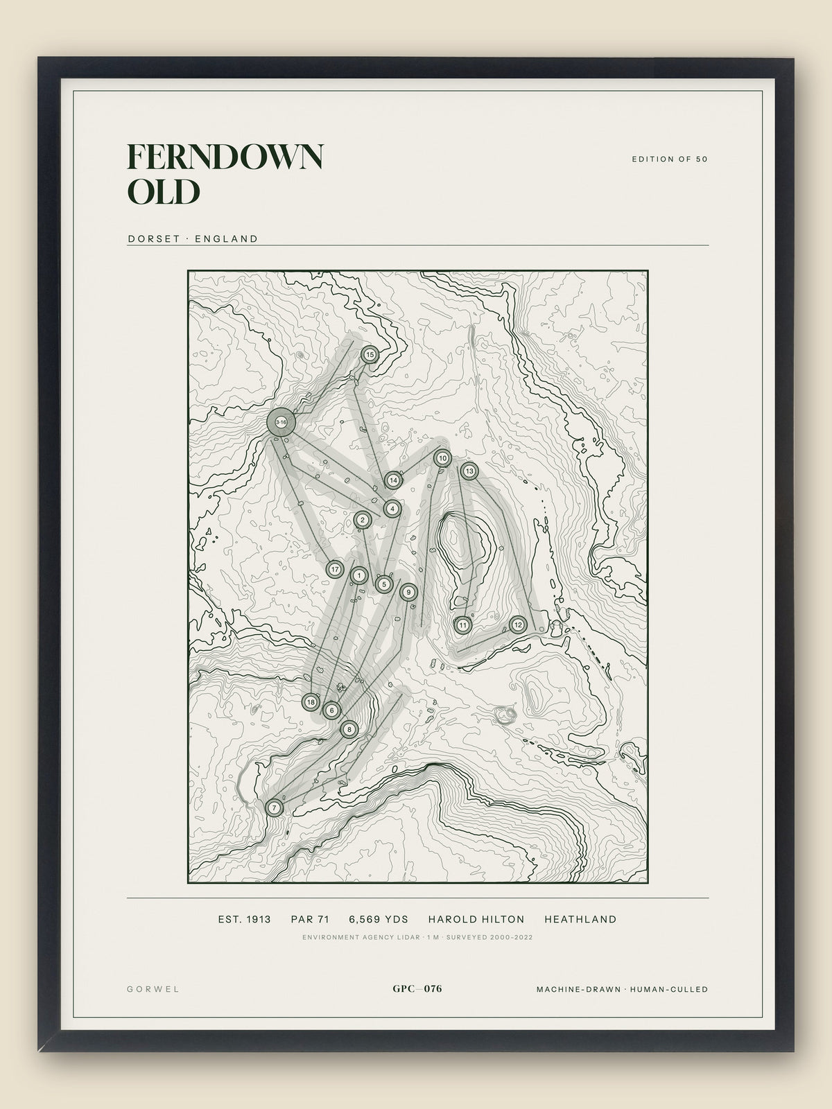 Ferndown Old, Dorset topographic golf course print, framed — Gorwel Print Co