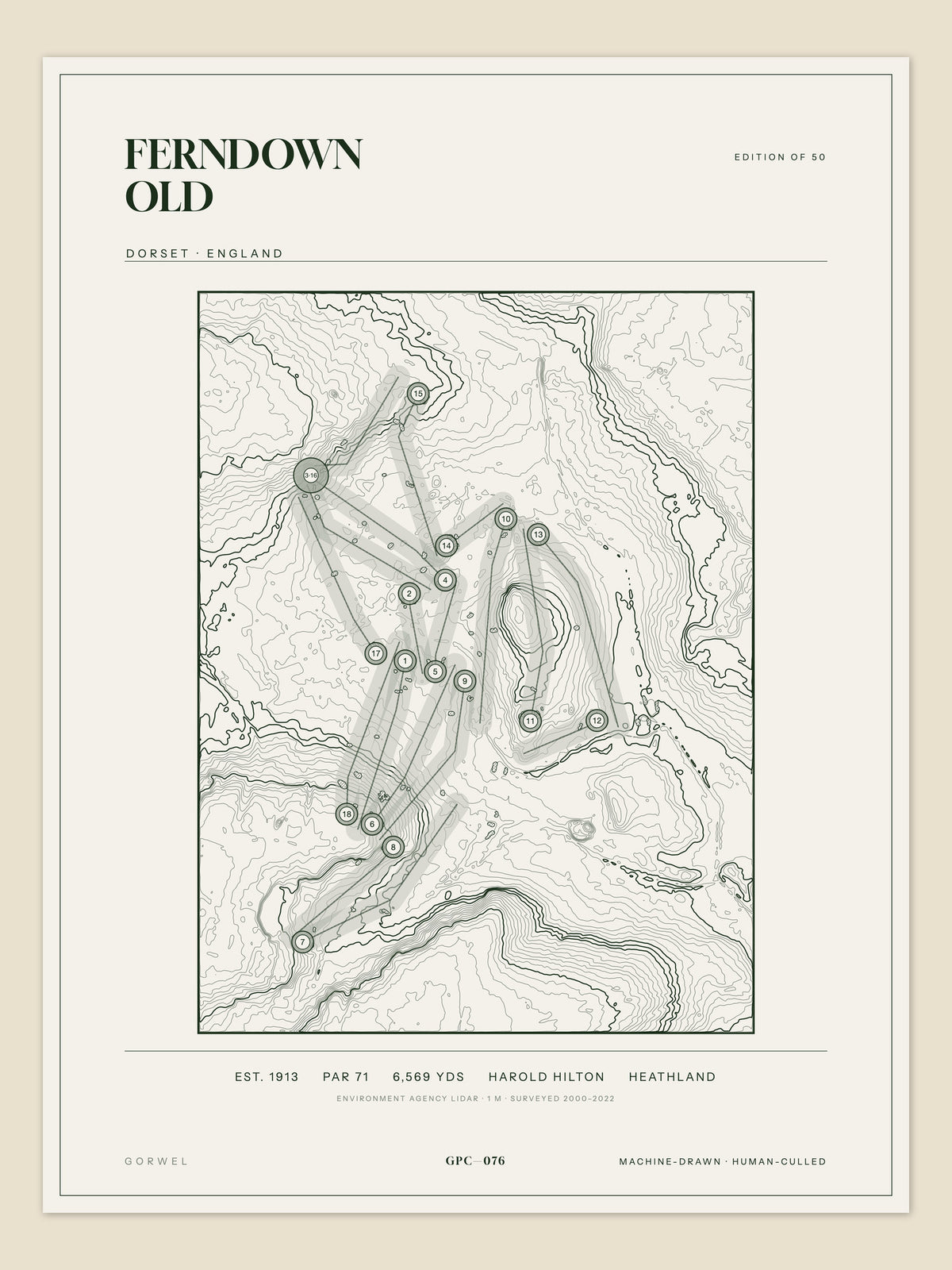 Ferndown Old, Dorset topographic golf course print