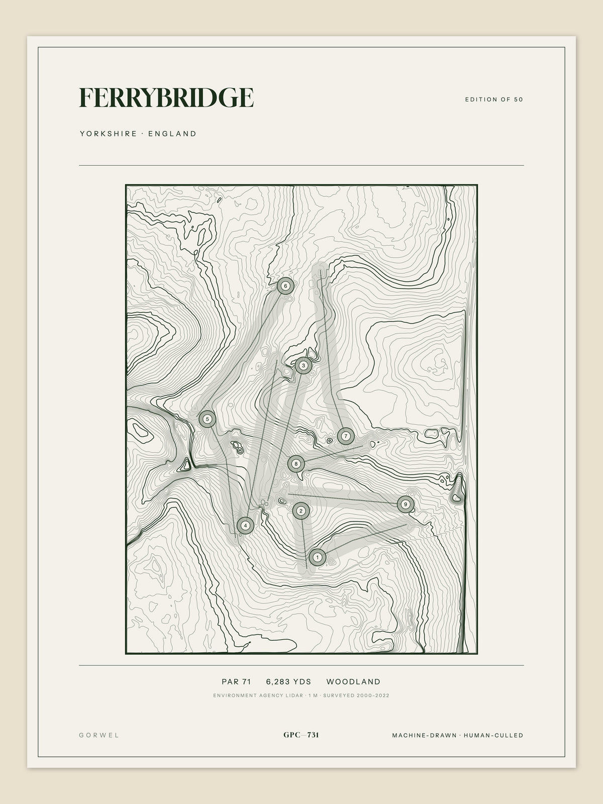 Ferrybridge, Yorkshire topographic golf course print