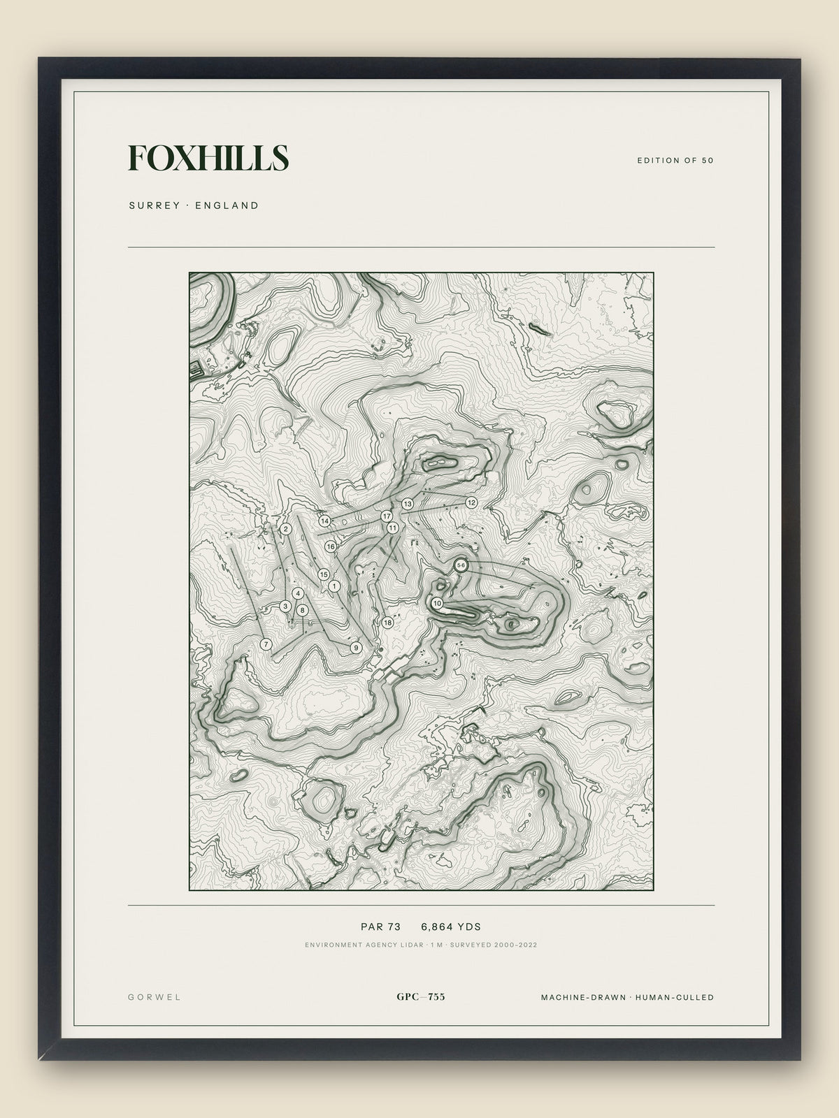 Foxhills, Surrey topographic golf course print, framed — Gorwel Print Co