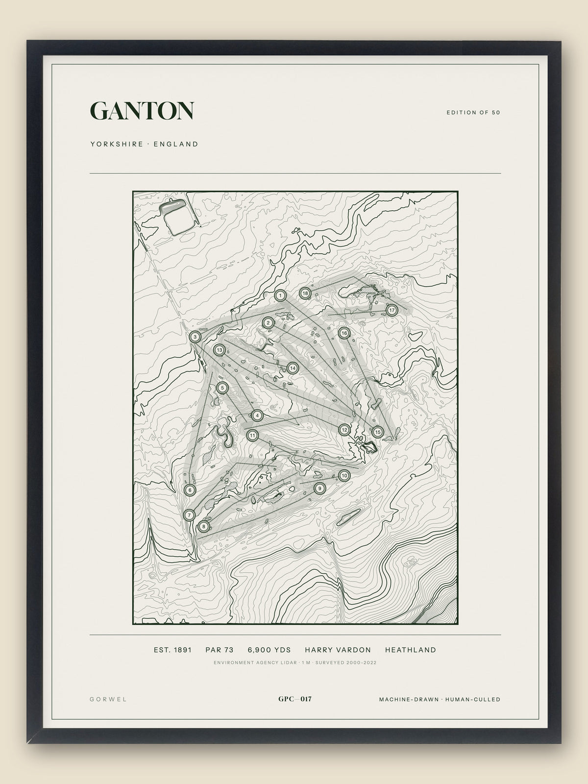 Ganton, Yorkshire topographic golf course print, framed — Gorwel Print Co