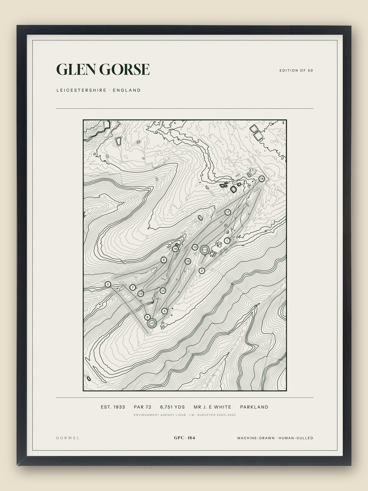 Glen Gorse, Leicestershire topographic golf course print, framed — Gorwel Print Co
