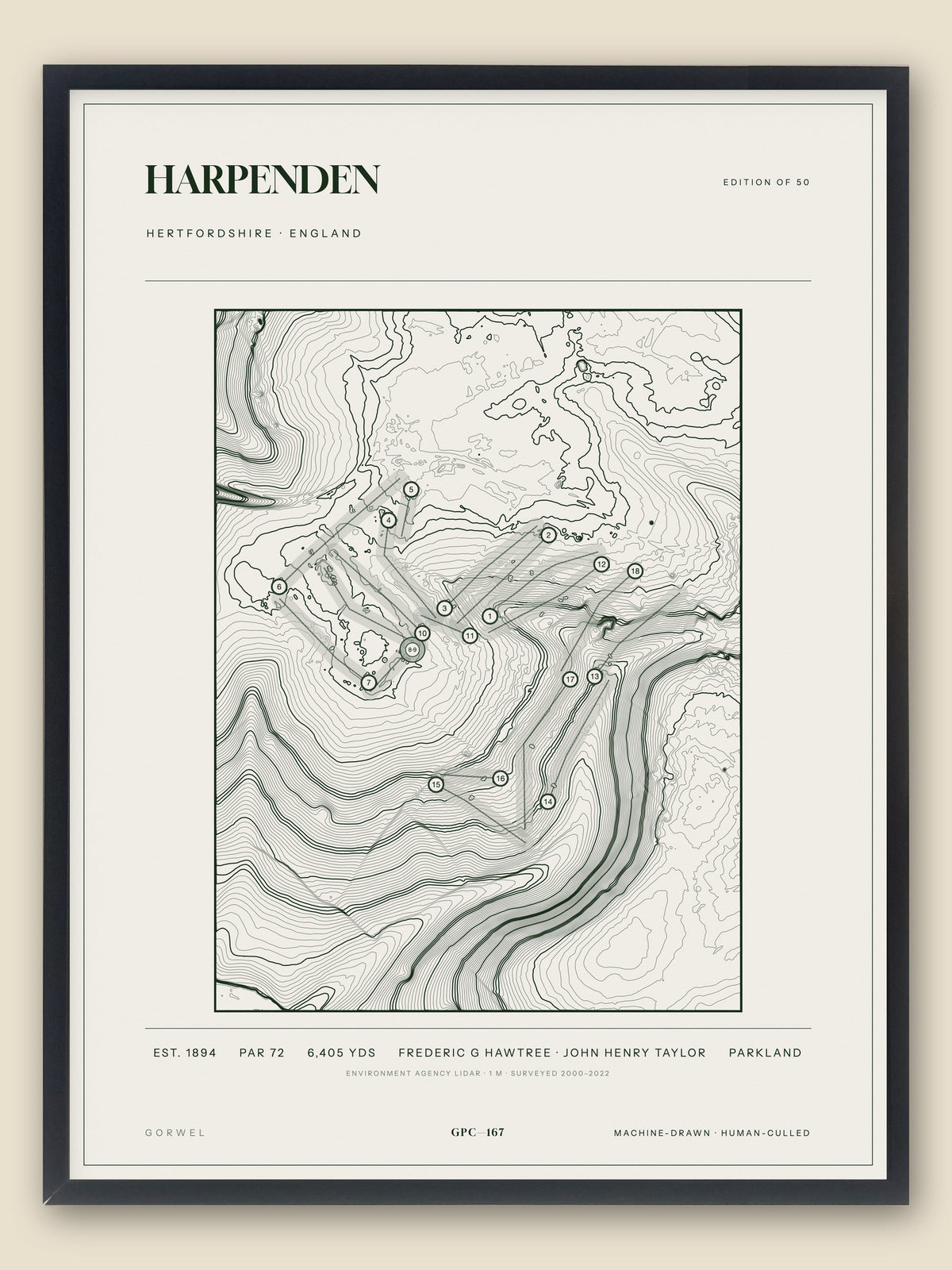 Harpenden, Hertfordshire topographic golf course print, framed — Gorwel Print Co