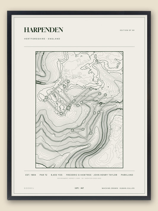 Harpenden, Hertfordshire topographic golf course print, framed — Gorwel Print Co