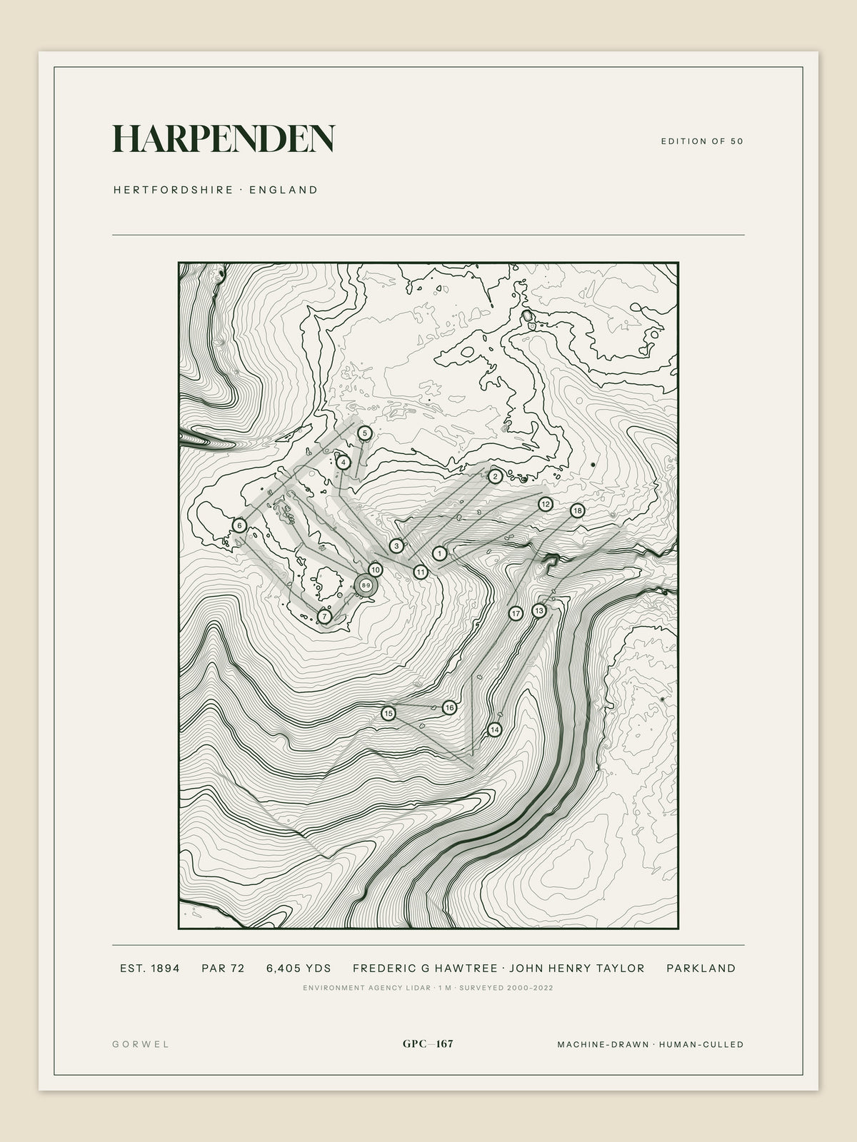 Harpenden, Hertfordshire topographic golf course print