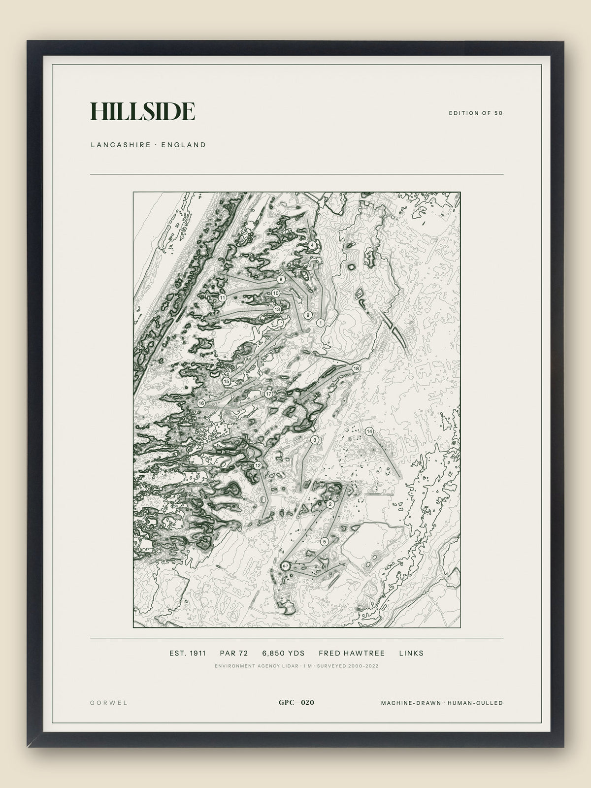 Hillside, Lancashire topographic golf course print, framed — Gorwel Print Co