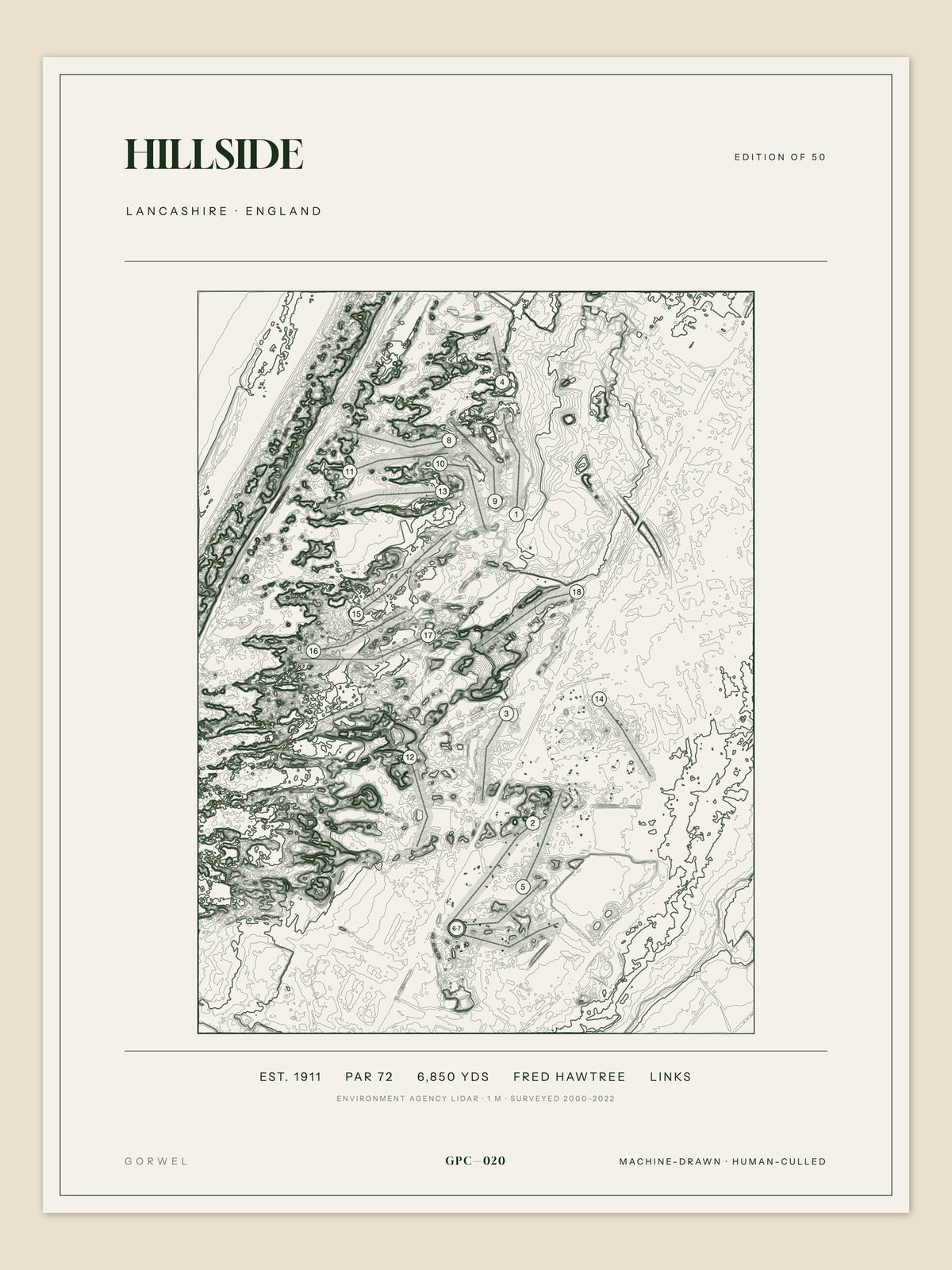 Hillside, Lancashire topographic golf course print