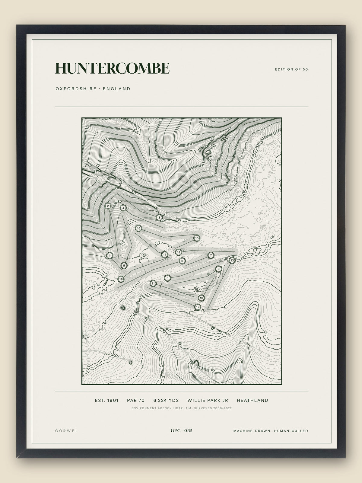 Huntercombe, Oxfordshire topographic golf course print, framed — Gorwel Print Co