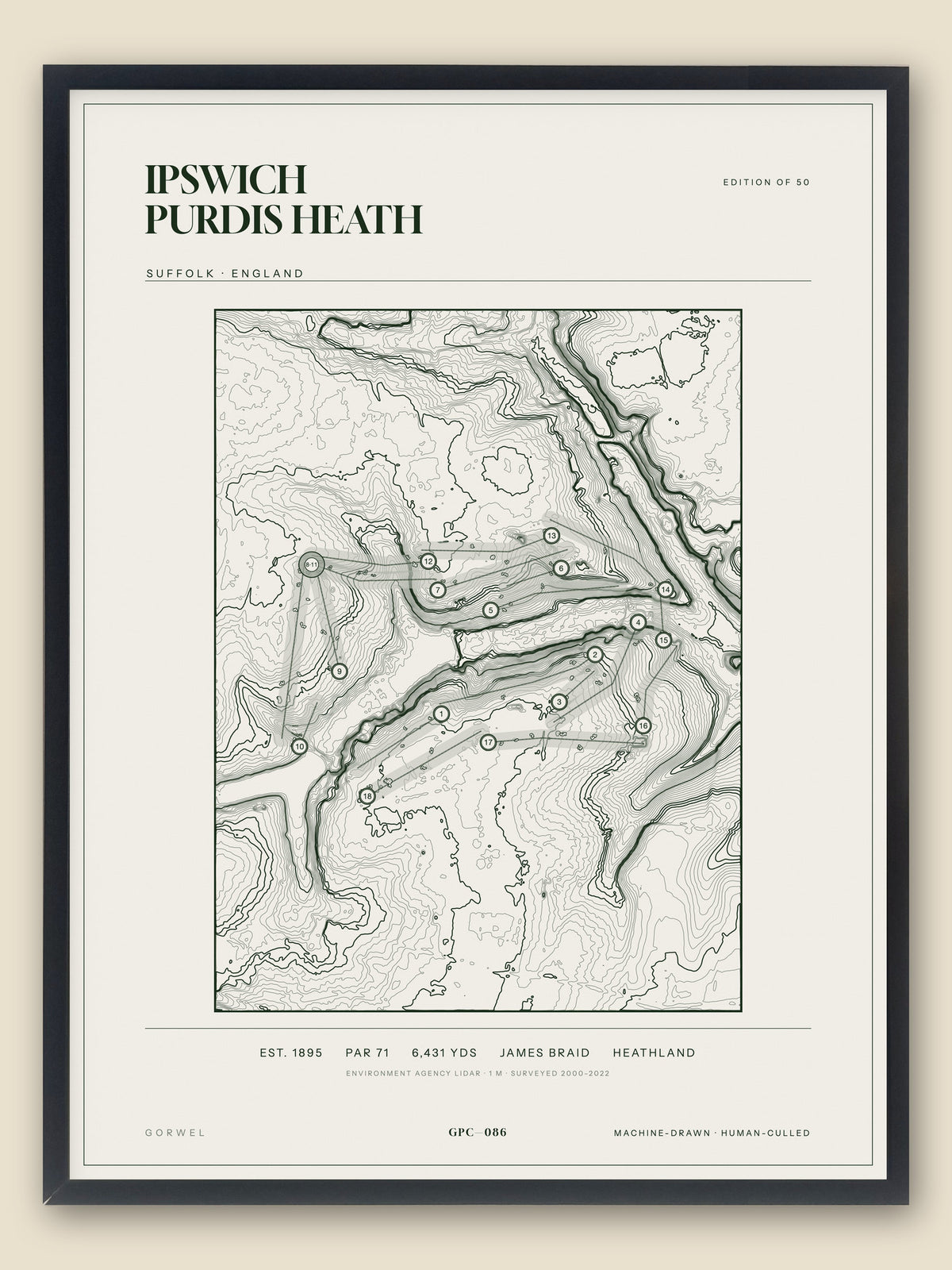 Ipswich Purdis Heath, Suffolk topographic golf course print, framed — Gorwel Print Co
