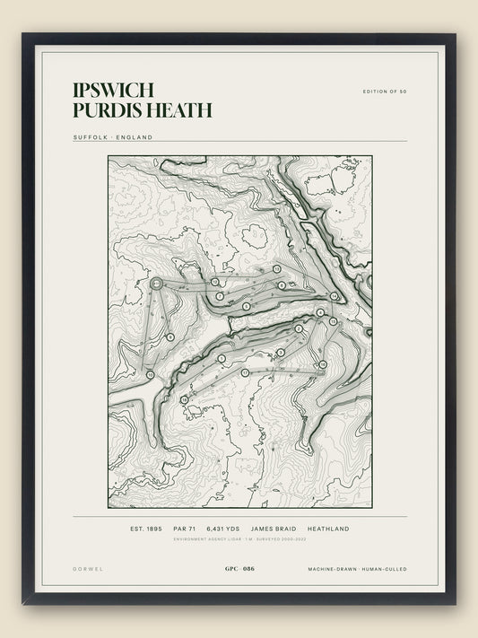 Ipswich Purdis Heath, Suffolk topographic golf course print, framed — Gorwel Print Co