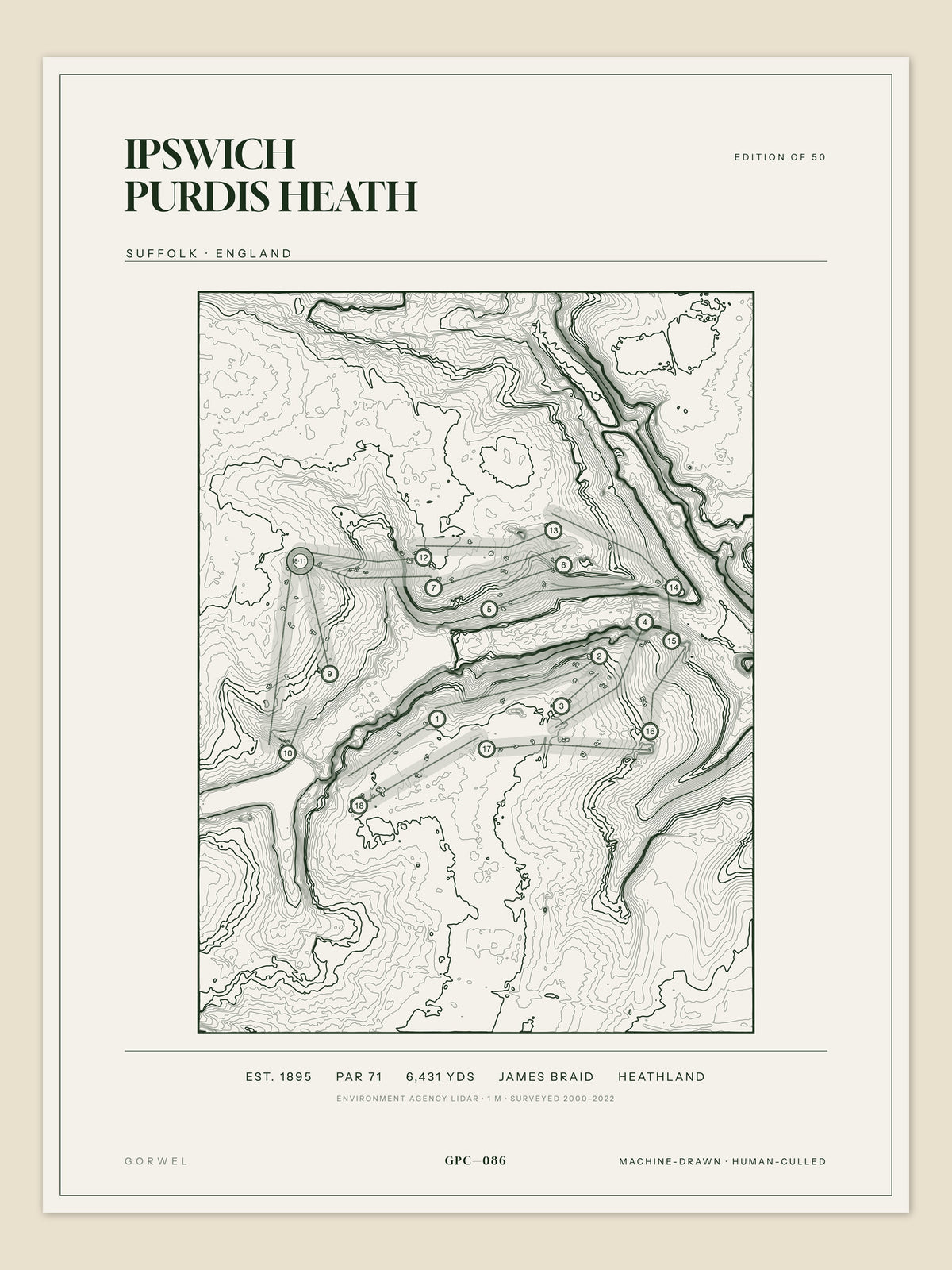 Ipswich Purdis Heath, Suffolk topographic golf course print