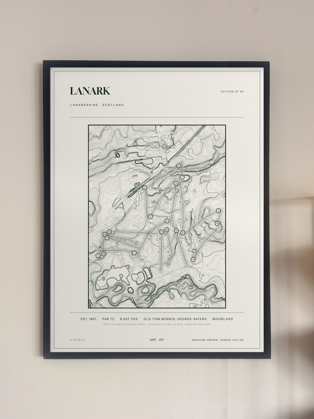 Lanark topographic golf course print — framed on a wall — Gorwel Print Co