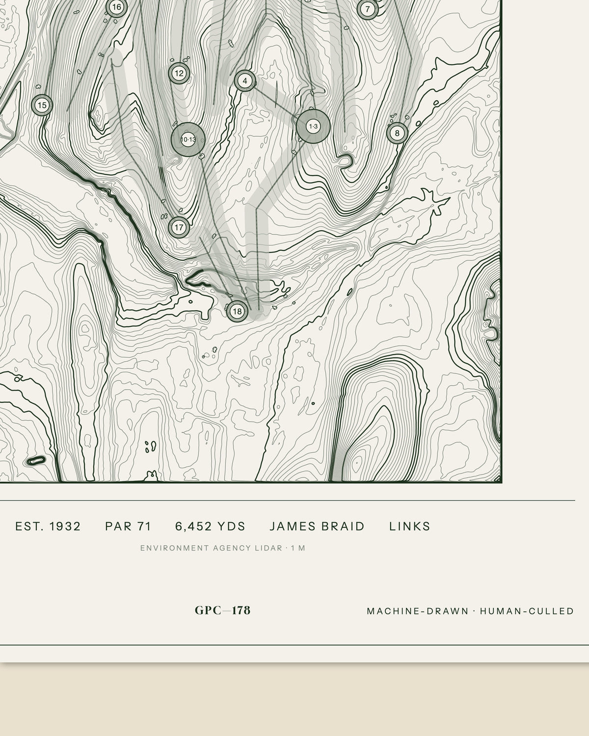 Lancaster topographic golf course print — data strip and edition mark — Gorwel Print Co