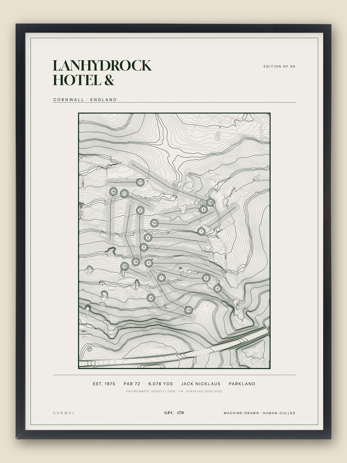 Lanhydrock Hotel &, Cornwall topographic golf course print, framed — Gorwel Print Co