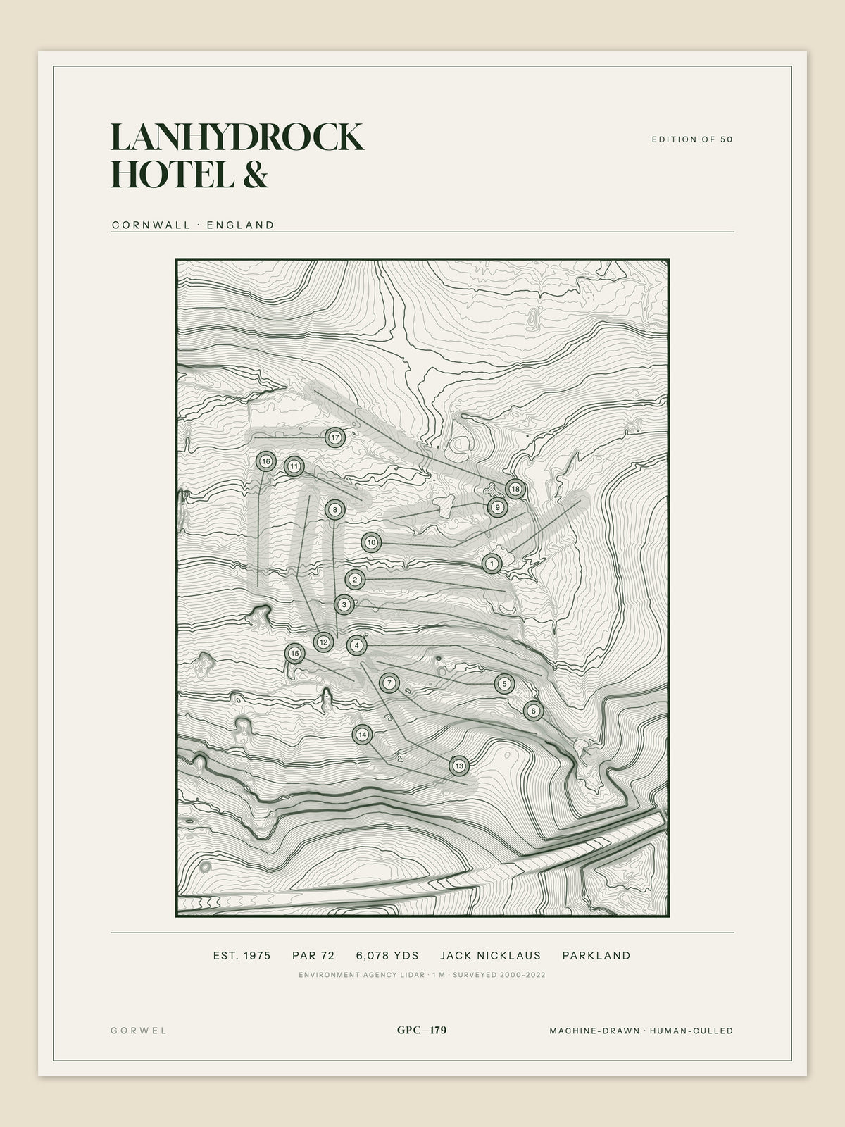 Lanhydrock Hotel &, Cornwall topographic golf course print