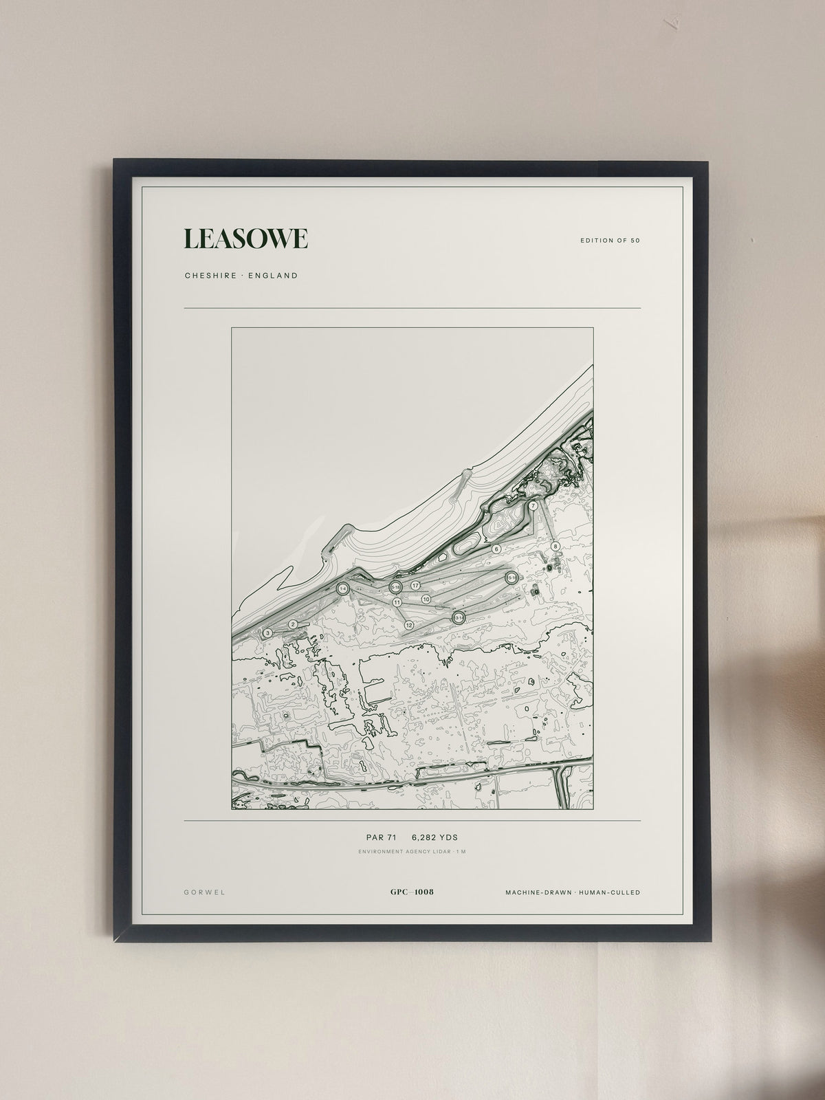 Leasowe topographic golf course print — framed on a wall — Gorwel Print Co