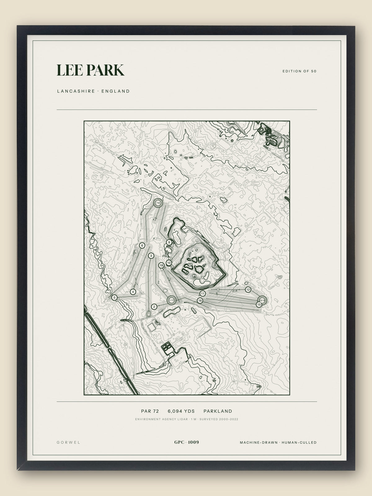 Lee Park, Lancashire topographic golf course print, framed — Gorwel Print Co