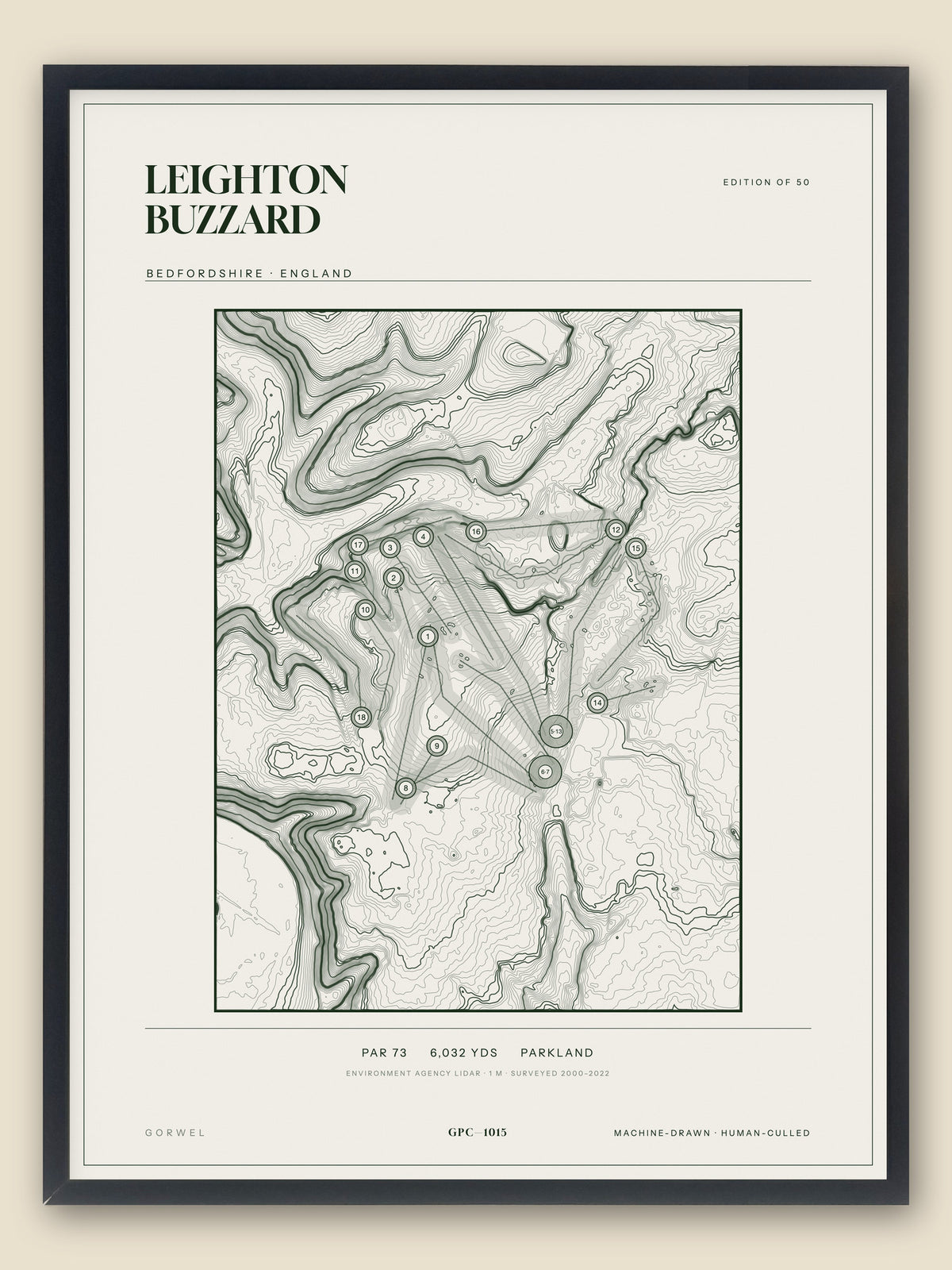 Leighton Buzzard, Bedfordshire topographic golf course print, framed — Gorwel Print Co