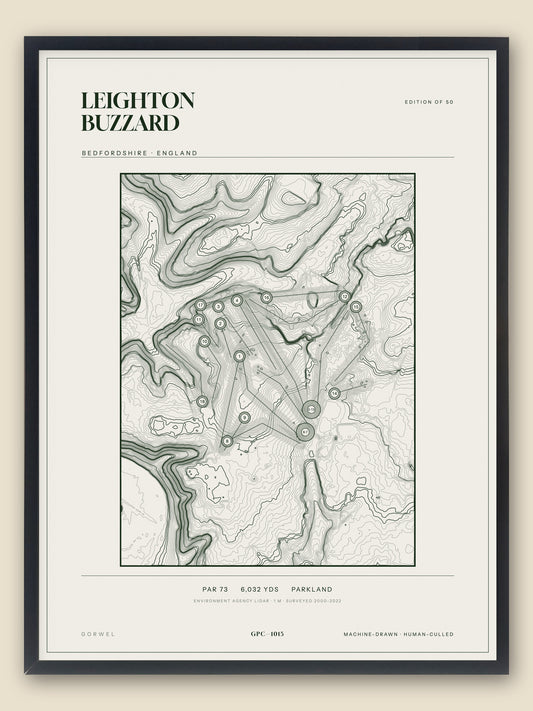 Leighton Buzzard, Bedfordshire topographic golf course print, framed — Gorwel Print Co