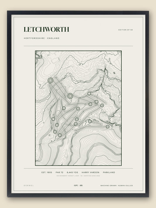 Letchworth, Hertfordshire topographic golf course print, framed — Gorwel Print Co