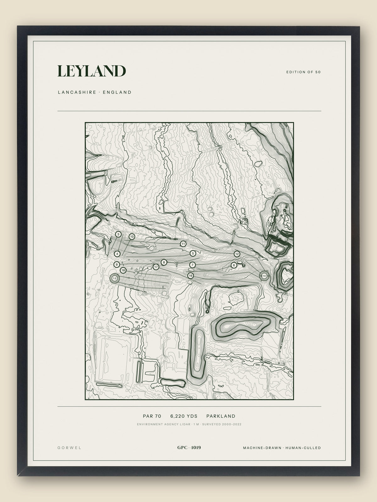 Leyland, Lancashire topographic golf course print, framed — Gorwel Print Co