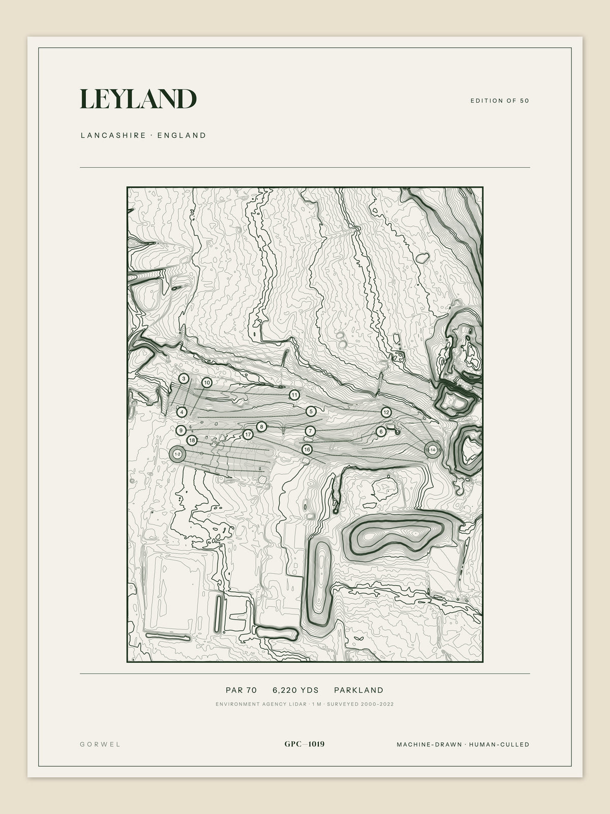 Leyland, Lancashire topographic golf course print