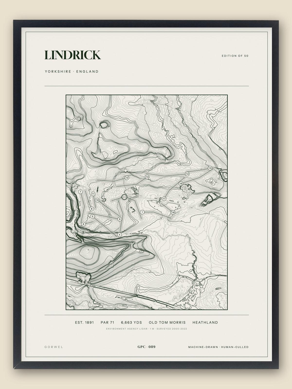 Lindrick, Yorkshire topographic golf course print, framed — Gorwel Print Co