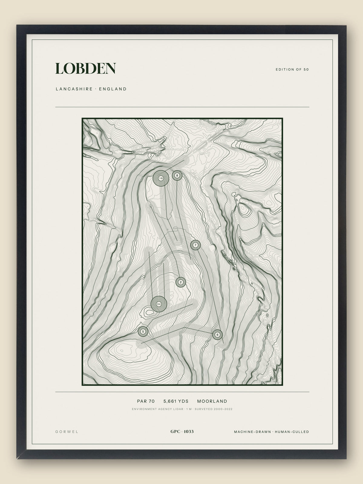 Lobden, Lancashire topographic golf course print, framed — Gorwel Print Co