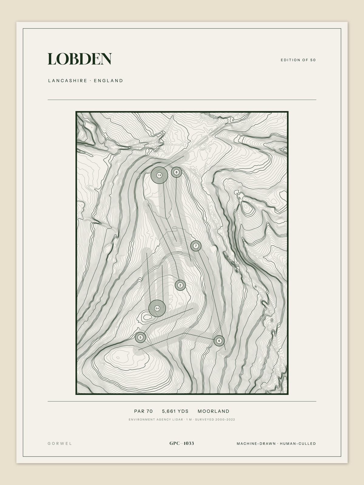 Lobden, Lancashire topographic golf course print
