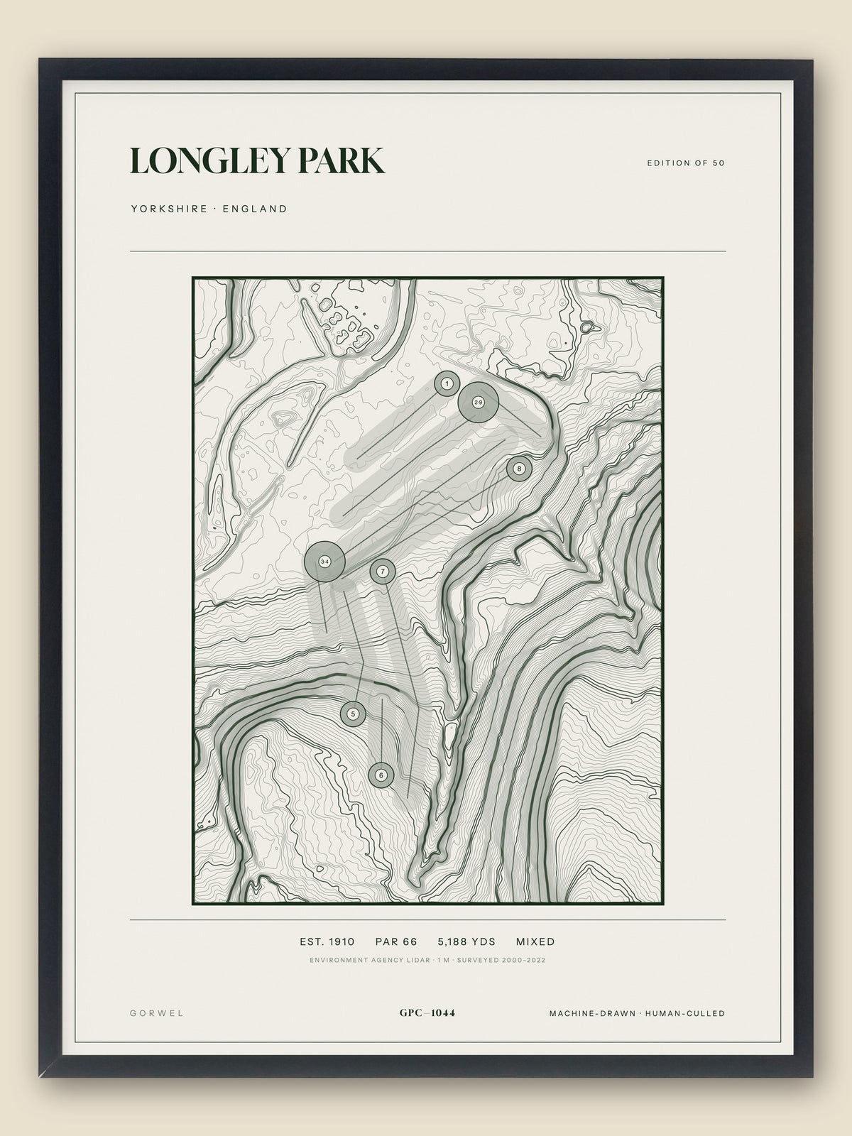 Longley Park, Yorkshire topographic golf course print, framed — Gorwel Print Co
