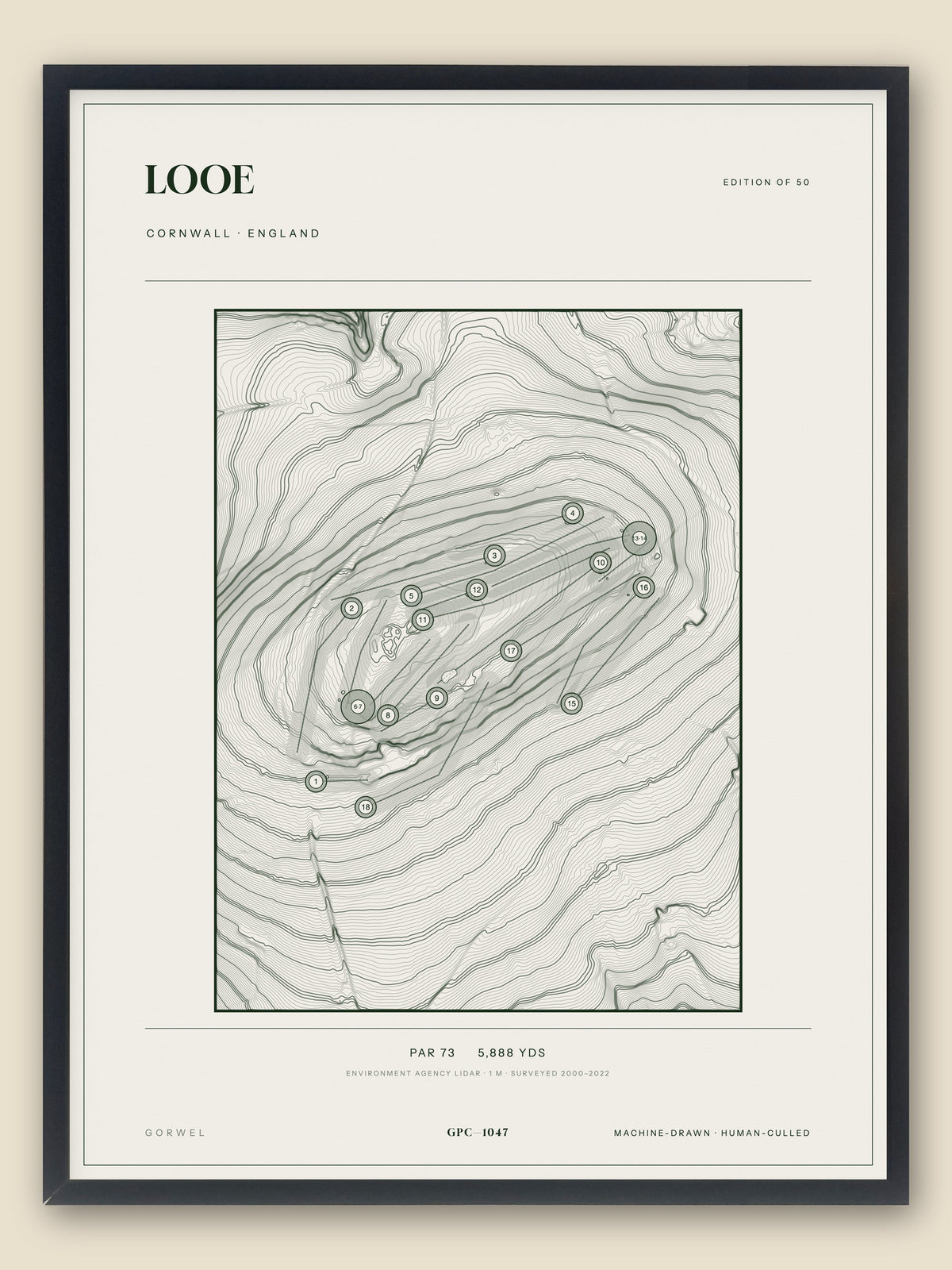 Looe, Cornwall topographic golf course print, framed — Gorwel Print Co