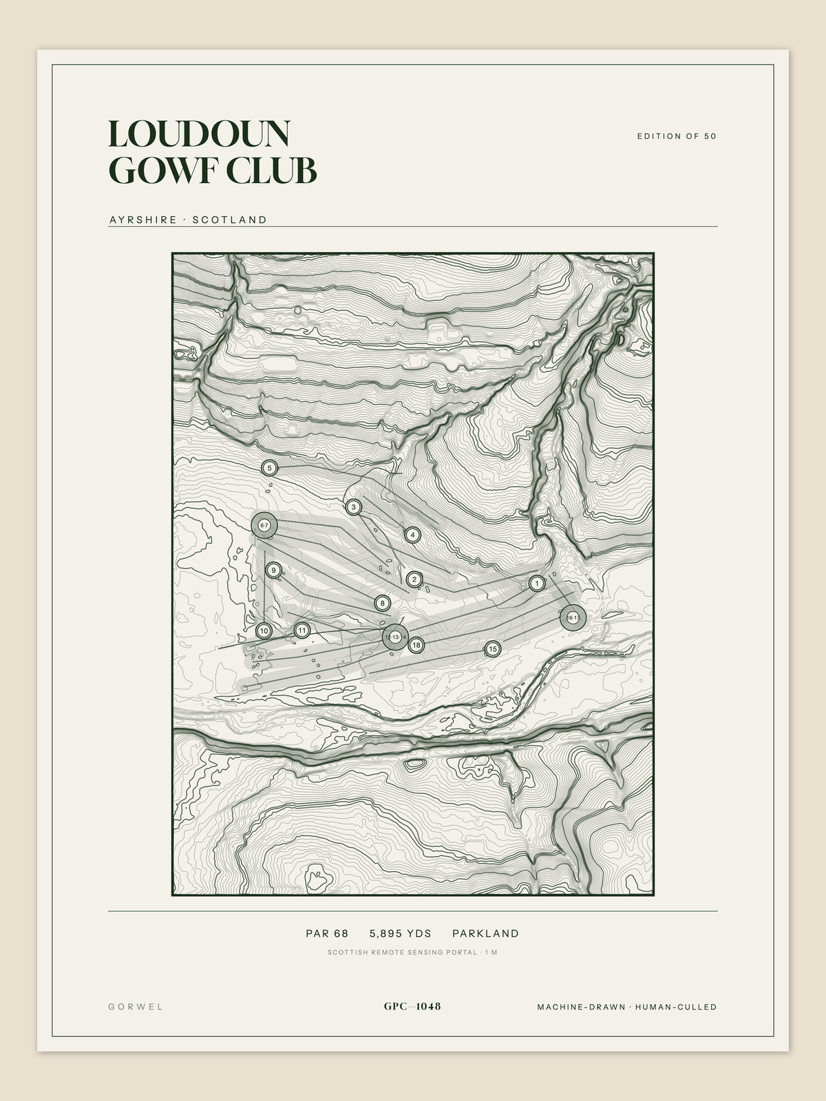 Loudoun Gowf Club topographic golf course print — unframed sheet — Gorwel Print Co